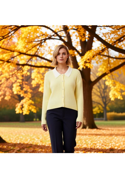 Kadın Şık Fitilli Dokuma Gömlek Yaka Detaylı Düğmeli Uzun Kollu Rahat Kesim Günlük Triko Hırka