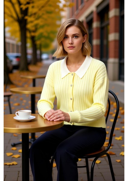 Kadın Şık Fitilli Dokuma Gömlek Yaka Detaylı Düğmeli Uzun Kollu Rahat Kesim Günlük Triko Hırka fiyatları