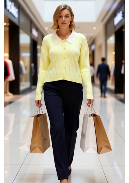 Kadın Şık Fitilli Dokuma Gömlek Yaka Detaylı Düğmeli Uzun Kollu Rahat Kesim Günlük Triko Hırka modelleri