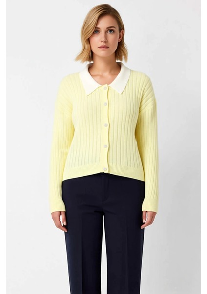 Kadın Şık Fitilli Dokuma Gömlek Yaka Detaylı Düğmeli Uzun Kollu Rahat Kesim Günlük Triko Hırka fırsatları