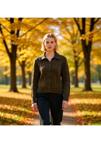 Kadın Saç Örgülü Yumuşak Dokulu Polo Yaka Düşük Kol Rahat Kesim Triko Hırka Günlük Şıklık ve Konfor