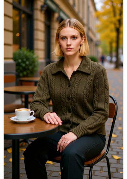 Kadın Saç Örgülü Yumuşak Dokulu Polo Yaka Düşük Kol Rahat Kesim Triko Hırka Günlük Şıklık ve Konfor fiyatları