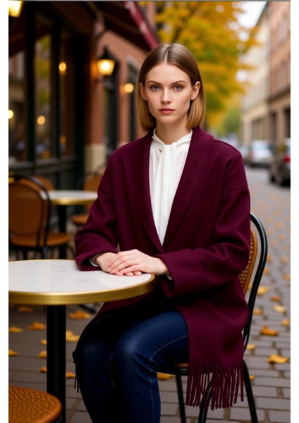 Kadın Rahat Kesim Şık Triko Hırka Gold Detaylı Püsküllü Tasarım Uzun Kollu Ceket Yaka Konforlu fiyatları