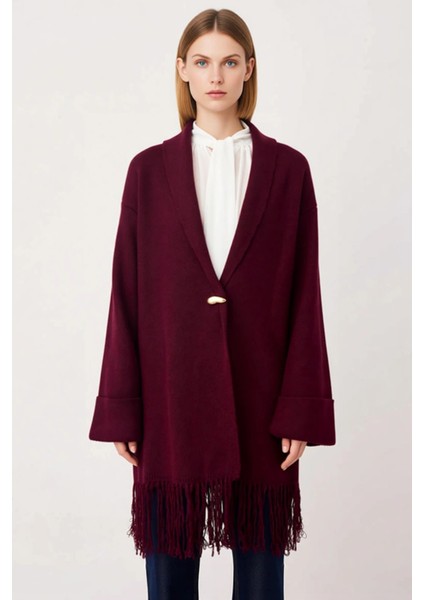 Kadın Rahat Kesim Şık Triko Hırka Gold Detaylı Püsküllü Tasarım Uzun Kollu Ceket Yaka Konforlu fırsatları