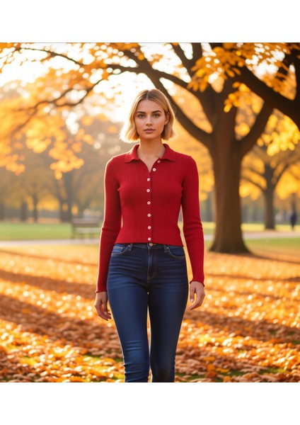 Kadın Merserize Dokulu Fitilli Polo Yaka Düğmeli Uzun Kollu Dar Kesim Şık Günlük Triko Bluz