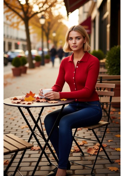 Kadın Merserize Dokulu Fitilli Polo Yaka Düğmeli Uzun Kollu Dar Kesim Şık Günlük Triko Bluz fiyatları