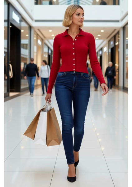 Kadın Merserize Dokulu Fitilli Polo Yaka Düğmeli Uzun Kollu Dar Kesim Şık Günlük Triko Bluz modelleri