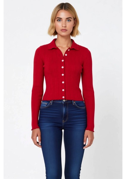 Kadın Merserize Dokulu Fitilli Polo Yaka Düğmeli Uzun Kollu Dar Kesim Şık Günlük Triko Bluz fırsatları