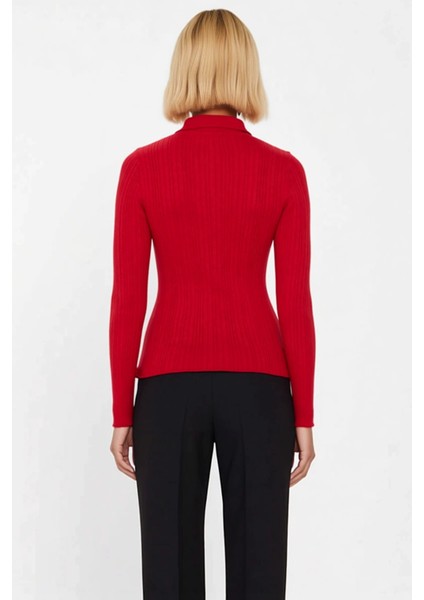 Kadın Merserize Dokulu Fitilli Polo Yaka Düğmeli Uzun Kollu Dar Kesim Şık Günlük Triko Bluz indirimleri