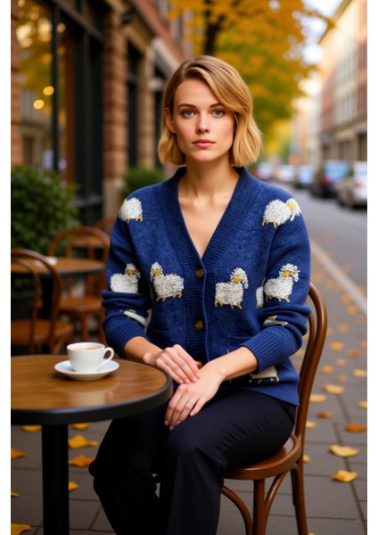 Kadınların Kış Gardırobuna Neşeli Bir Dokunuş Yumuşak Dokulu Kuzu Desenli Oversize Triko Hırka fiyatları