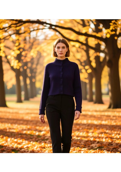 Kadın Dik Yaka Fitilli Dokuma Crop Oversize Triko Hırka Düşük Kol Rahat Kesim Günlük Şıklık