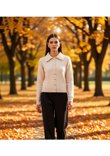 Kadınların Günlük Özel Dantel Detaylı Polo Yaka Uzun Kollu Triko Hırka Rahat Kesim Konforlu Dokunuş