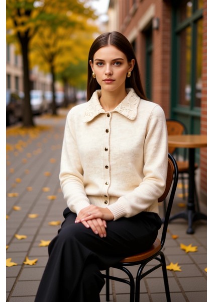 Kadınların Günlük Özel Dantel Detaylı Polo Yaka Uzun Kollu Triko Hırka Rahat Kesim Konforlu Dokunuş fiyatları