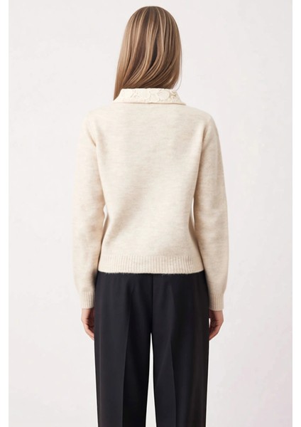 Kadınların Günlük Özel Dantel Detaylı Polo Yaka Uzun Kollu Triko Hırka Rahat Kesim Konforlu Dokunuş indirimleri