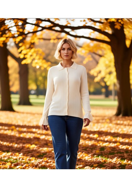 Kadın Fitilli Polo Yaka Triko Hırka Bağcıklı Kol Detaylı Günlük Şıklık ve Konfor Sunan Zarif Bir