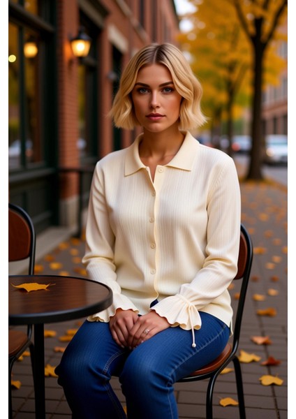 Kadın Fitilli Polo Yaka Triko Hırka Bağcıklı Kol Detaylı Günlük Şıklık ve Konfor Sunan Zarif Bir fiyatları