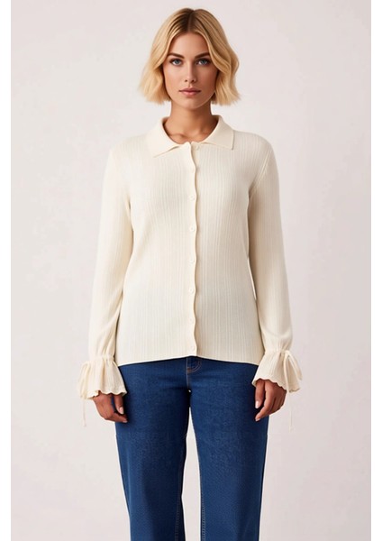 Kadın Fitilli Polo Yaka Triko Hırka Bağcıklı Kol Detaylı Günlük Şıklık ve Konfor Sunan Zarif Bir fırsatları