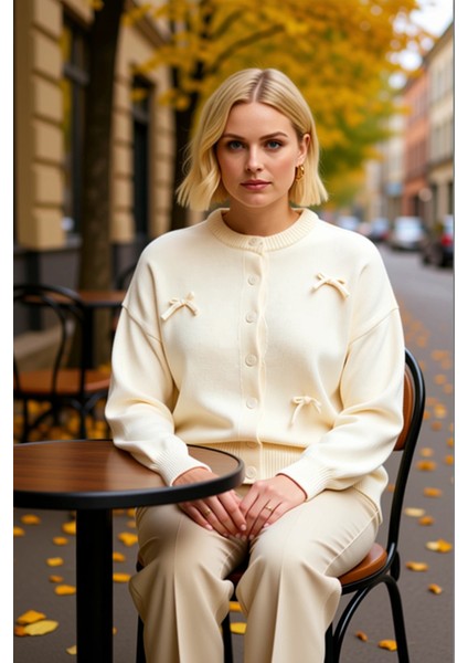 Kadın Fiyonk Işlemeli Bisiklet Yaka Uzun Kollu Regular Kesim Triko Hırka Rahat ve Şık Görünüm fiyatları