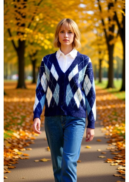 Kadın V Yaka Yumuşak Dokulu Baklava Desenli Triko Hırka Rahat Kesim Uzun Kollu Günlük Şıklık ve