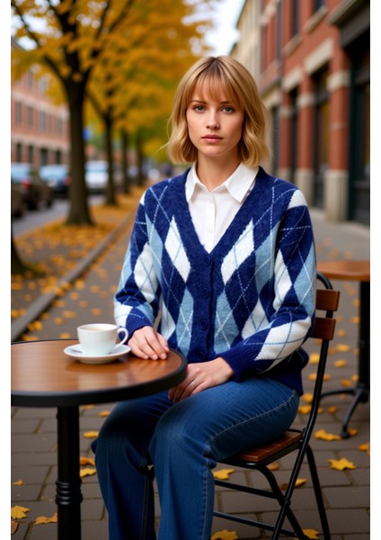 Kadın V Yaka Yumuşak Dokulu Baklava Desenli Triko Hırka Rahat Kesim Uzun Kollu Günlük Şıklık ve fiyatları