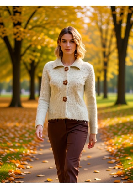 Kadın Yumuşak Dokulu Gül Düğme Detaylı Buklet Iplikli Uzun Kollu Regular Kalıp Triko Hırka