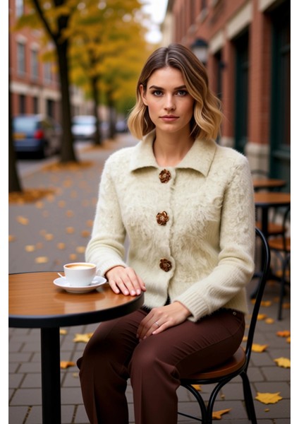 Kadın Yumuşak Dokulu Gül Düğme Detaylı Buklet Iplikli Uzun Kollu Regular Kalıp Triko Hırka fiyatları