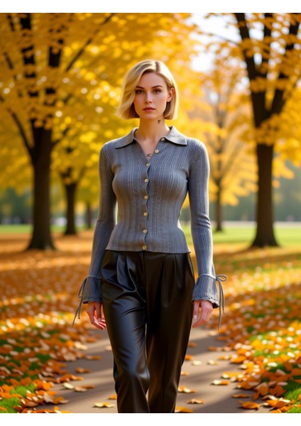 Kadın Zamansız Şıklık Fitilli Polo Yaka Uzun Kollu Manşet Bağlama Detaylı Düğmeli Triko Hırka