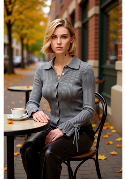 Kadın Zamansız Şıklık Fitilli Polo Yaka Uzun Kollu Manşet Bağlama Detaylı Düğmeli Triko Hırka fiyatları