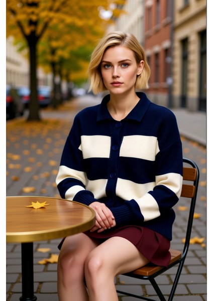 Genç Kadın Çizgili Polo Yaka Triko Hırka Konforlu Selanik Örgü Dokusuyla Günlük Şıklığınıza Yeni Bir fiyatları