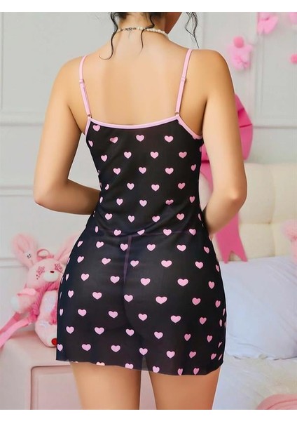 Arias Closet Siyah Kalp Desenli Dantel Işlemeli Fantezi Gecelik modelleri