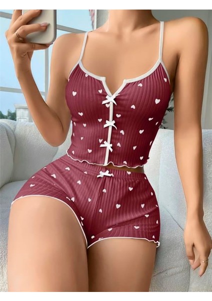 Arias Closet Pamuklu Kahverengi Üstüne Beyaz Kalp Desen Fitilli Askılı Şortlu Pijama Takımı