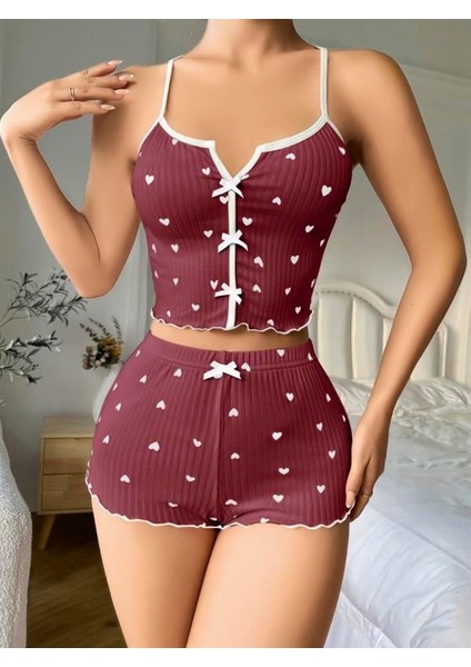 Arias Closet Pamuklu Kahverengi Üstüne Beyaz Kalp Desen Fitilli Askılı Şortlu Pijama Takımı fiyatları