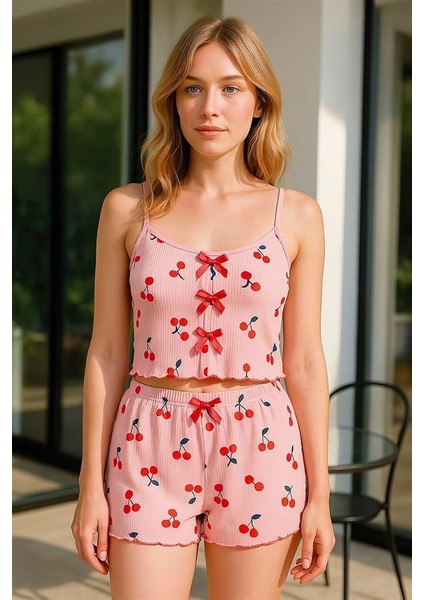 Arias Closet Pembe Kiraz Desenli Kurdelalı Askılı Şortlu Pijama Takımı