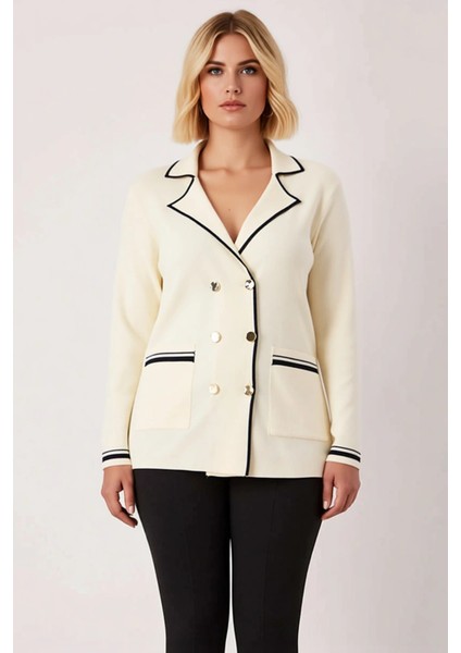 Kadın Çift Düğmeli Triko Blazer Hırka Çizgili Detaylı Ceket Yaka Uzun Kollu Şık Bir Görünüm fırsatları