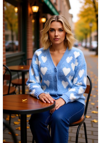 Kadın Yumuşak Tuşeli Kalp Desenli Düğmeli V Yaka Uzun Kollu Regular Fit Triko Hırka Günlük Şıklık fiyatları