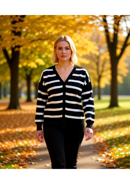 Kadın Çizgili V Yaka Düğmeli Uzun Kollu Triko Hırka Rahat Kesim Günlük Şıklık ve Konforlu Tasarım