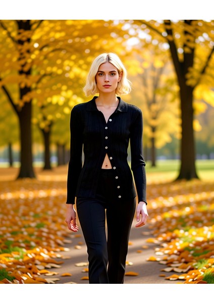 Kadın Merserize Dokulu Fitilli Polo Yaka Düğmeli Uzun Kollu Dar Kesim Şık Günlük Triko Bluz