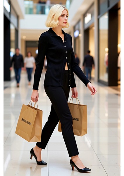 Kadın Merserize Dokulu Fitilli Polo Yaka Düğmeli Uzun Kollu Dar Kesim Şık Günlük Triko Bluz modelleri