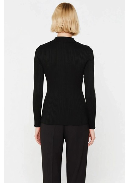 Kadın Merserize Dokulu Fitilli Polo Yaka Düğmeli Uzun Kollu Dar Kesim Şık Günlük Triko Bluz indirimleri