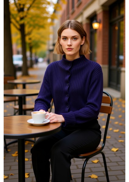 Kadın Dik Yaka Fitilli Dokuma Crop Oversize Triko Hırka Düşük Kol Rahat Kesim Günlük Şıklık fiyatları