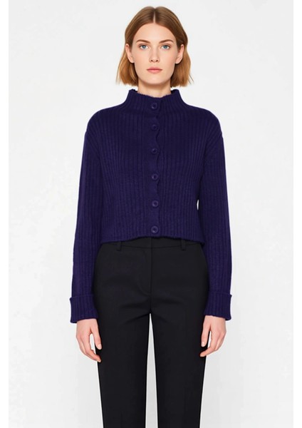 Kadın Dik Yaka Fitilli Dokuma Crop Oversize Triko Hırka Düşük Kol Rahat Kesim Günlük Şıklık fırsatları