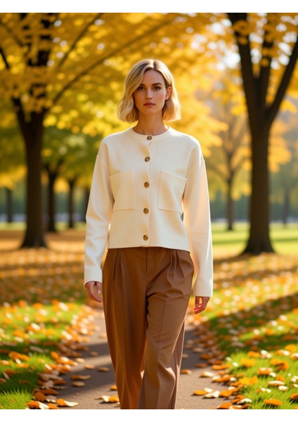 Kadın Düğme Detaylı Triko Hırka Ceket Görünümünde Rahat Kalıp Uzun Kollu Şık ve Konforlu Tasarım