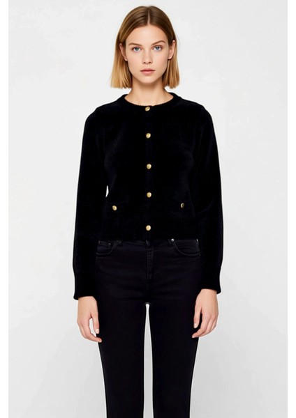 Kadın Premium Iplik Crop Triko Hırka Cep Detaylı Düğmeli Uzun Kollu Bisiklet Yaka Casual Şıklık fırsatları