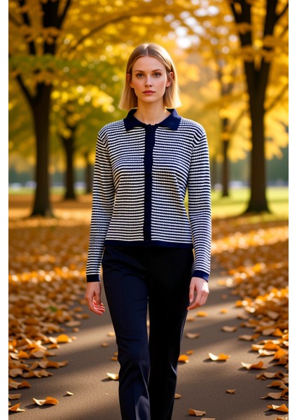 Kadın Çizgili Polo Yaka Düğmeli Örme Hırka Günlük Stilinize Dokunuş Katın Konforlu ve Şık Bir