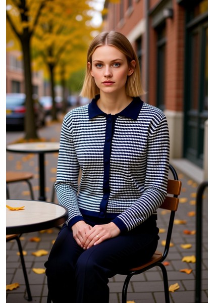 Kadın Çizgili Polo Yaka Düğmeli Örme Hırka Günlük Stilinize Dokunuş Katın Konforlu ve Şık Bir fiyatları