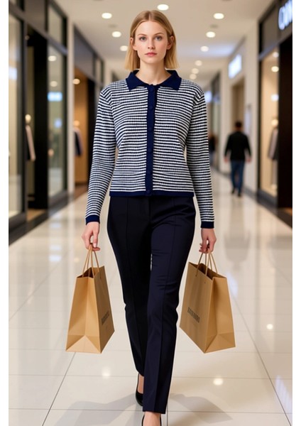 Kadın Çizgili Polo Yaka Düğmeli Örme Hırka Günlük Stilinize Dokunuş Katın Konforlu ve Şık Bir modelleri