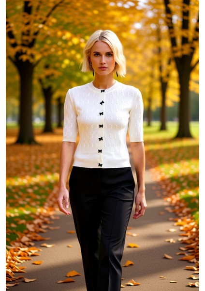 Özel Dokulu Premium Iplik Saç Örgü Desenli Şık Kurdele Düğmeli Kısa Kesim Triko Hırka Kadın