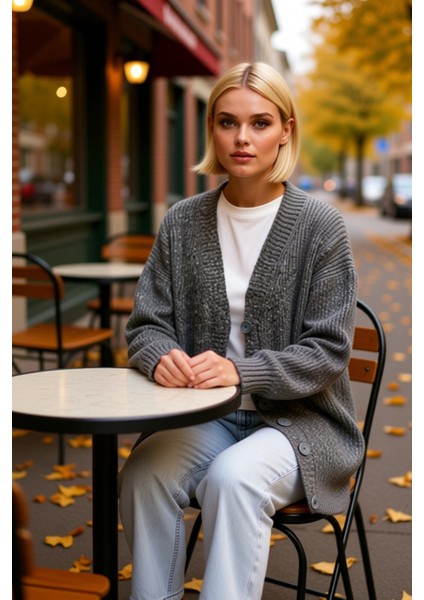 Kadın Düğmeli V Yaka Yumuşak Triko Hırka Rahat Kesim Uzun Kollu Kışlık Giyim ve Konforu Şık fiyatları