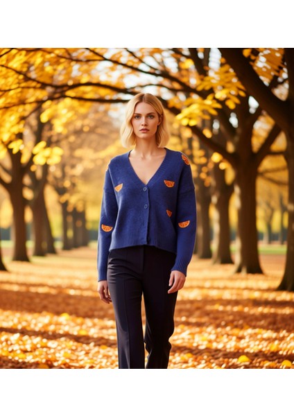 Kadın Oversize Crop V Yaka Düşük Kol Nakışlı Triko Hırka Portakal Dilimi Desenli Yumuşak Dokulu