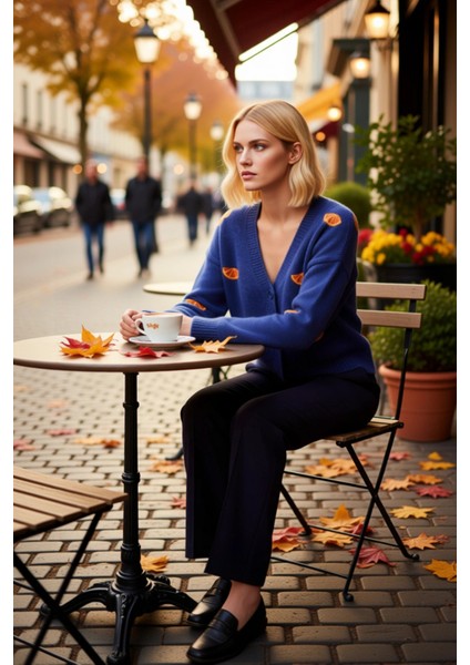 Kadın Oversize Crop V Yaka Düşük Kol Nakışlı Triko Hırka Portakal Dilimi Desenli Yumuşak Dokulu fiyatları